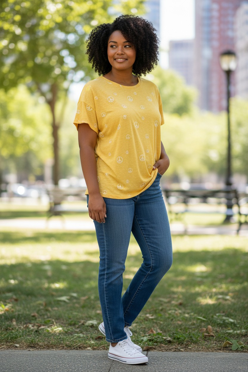 Polera Arizona Jean Co – Estilo Boho con Estampado de Paz – Amarillo Mostaza – Talla XL