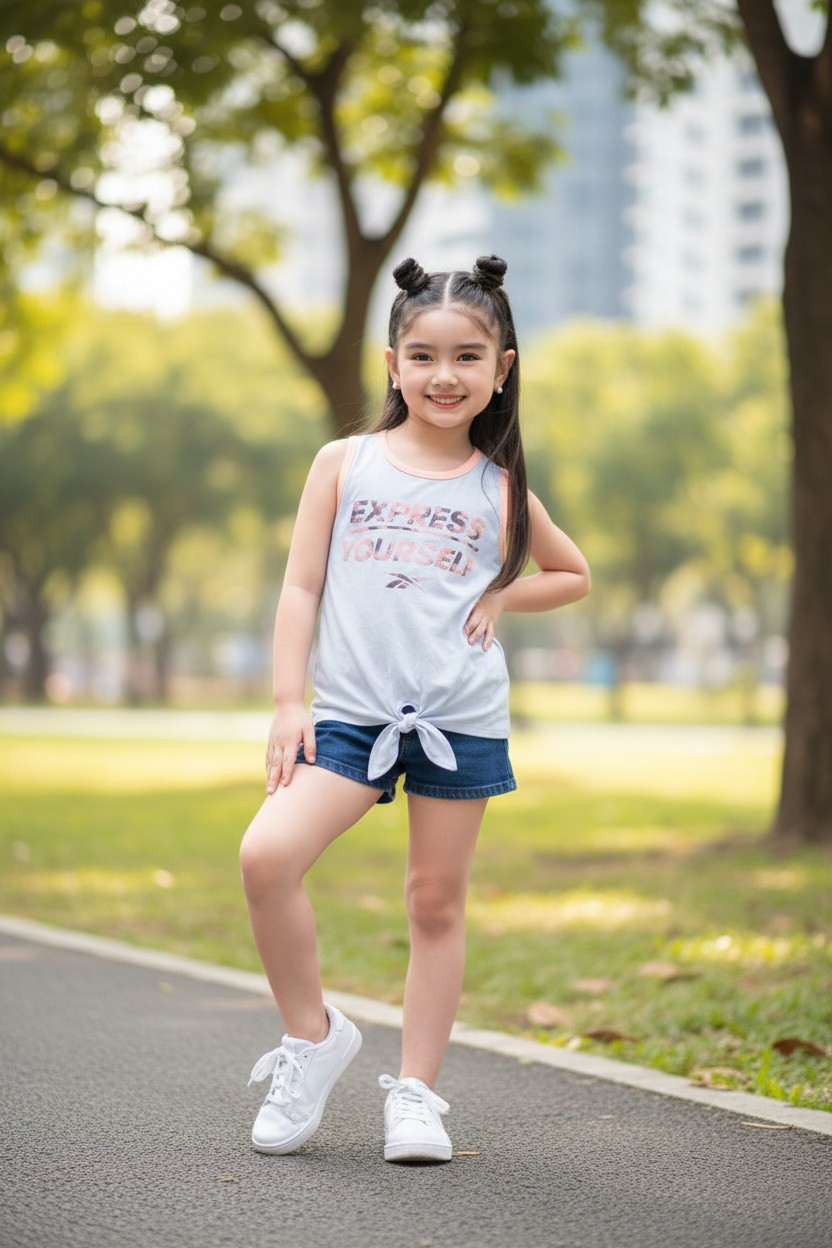 Bividí Reebok Kids con Nudo Frontal – Edición "Express Yourself" – Celeste y Durazno talla 7