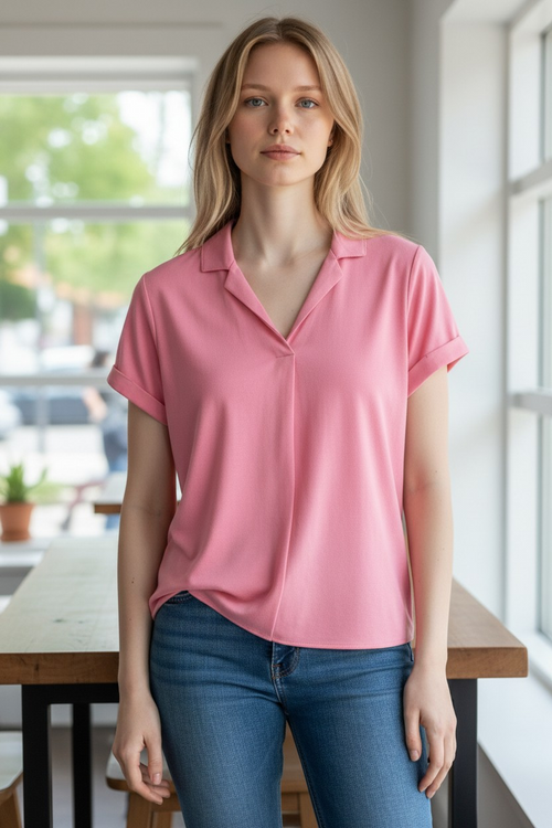 Blusa GAP de Punto para Mujer - Cuello V Estilo Camisero, Manga Corta con Doblez – Rosa Pastel, Talla L/G – Informal y Elegante