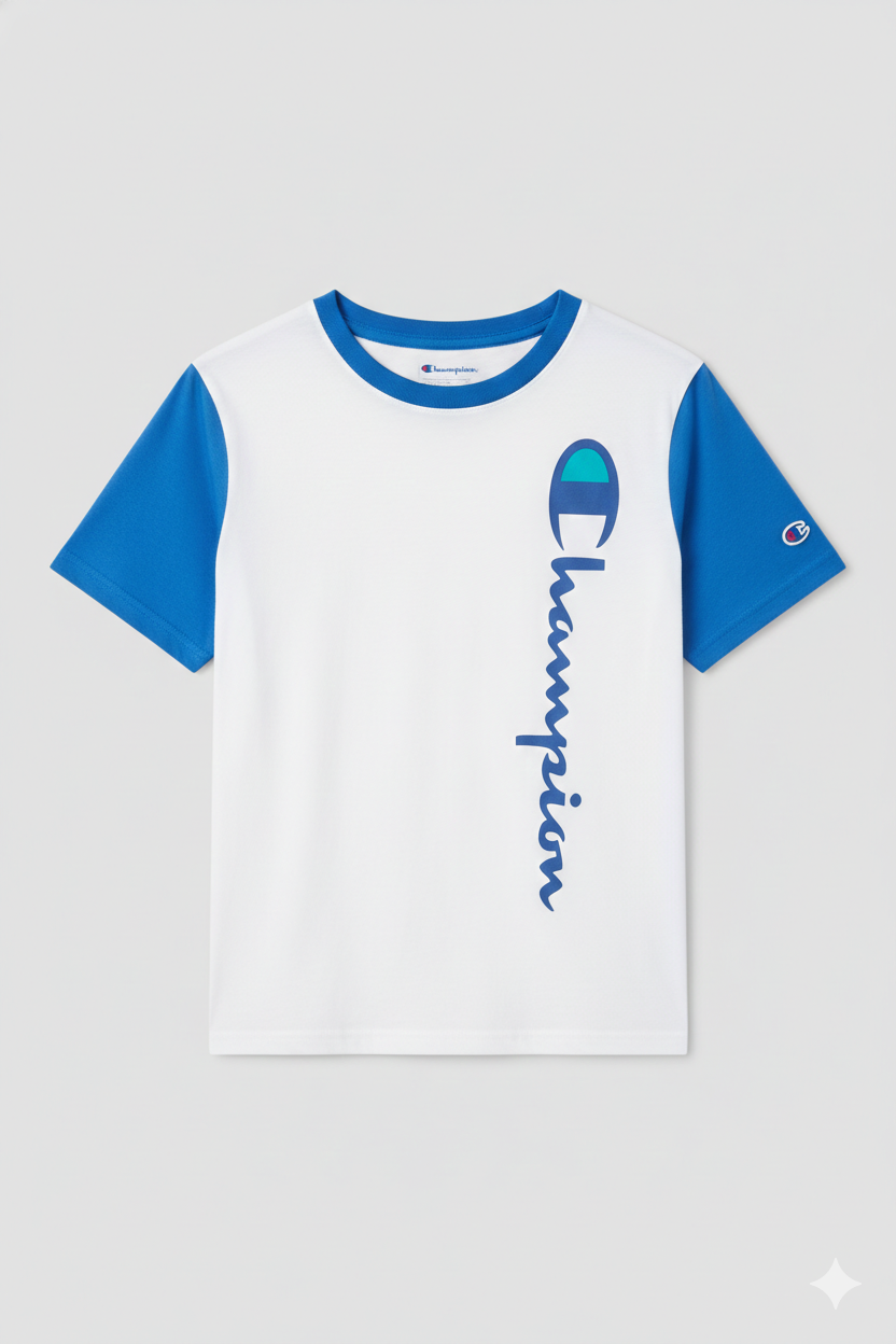 Polera Champion Niño Talla 12 y 14 años | Diseño Color-Block Blanco/Azul con Logo Vertical – Algodón Premium
