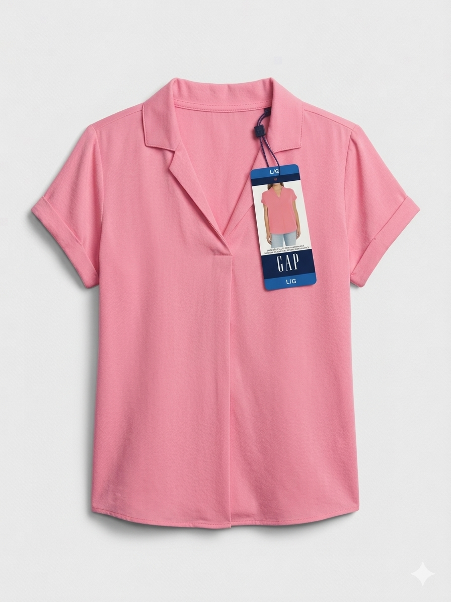 Blusa GAP de Punto para Mujer - Cuello V Estilo Camisero, Manga Corta con Doblez – Rosa Pastel, Talla L/G – Informal y Elegante