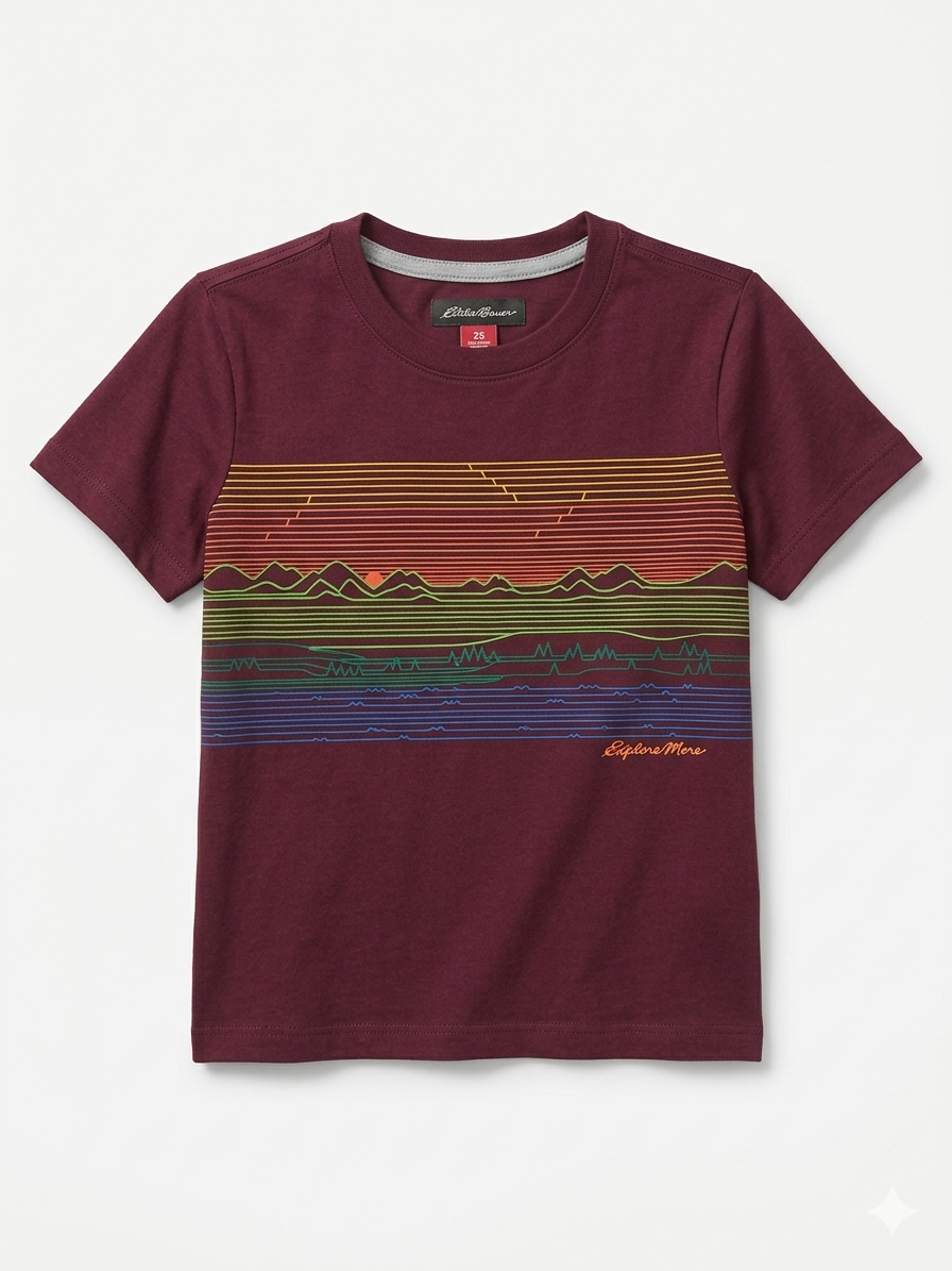 Polera Eddie Bauer Kids – Edición "Explore More" Horizonte Lineal – Guindo talla 6 años