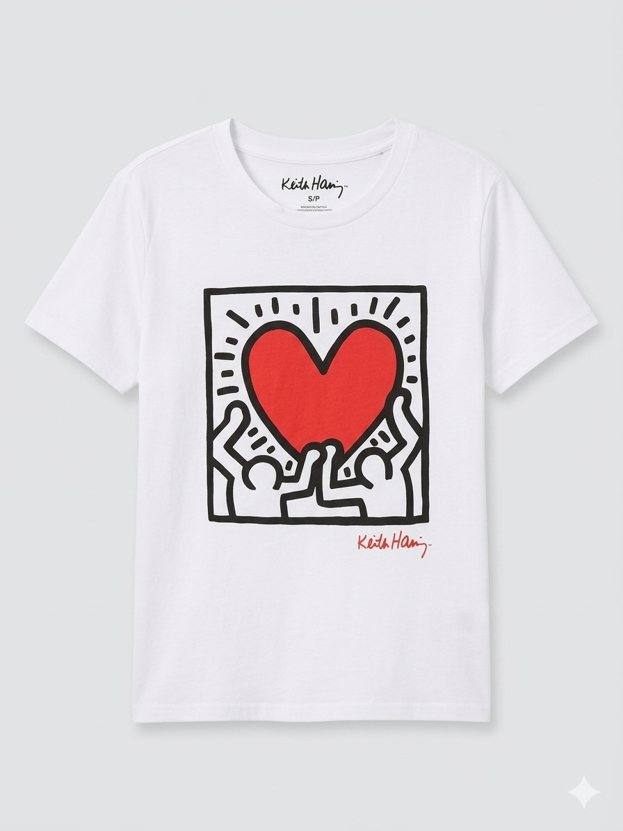 Polera Keith Haring Art Series Talla S | Blanca con Gráfico de Corazón Icónico – Algodón Premium Coleccionable