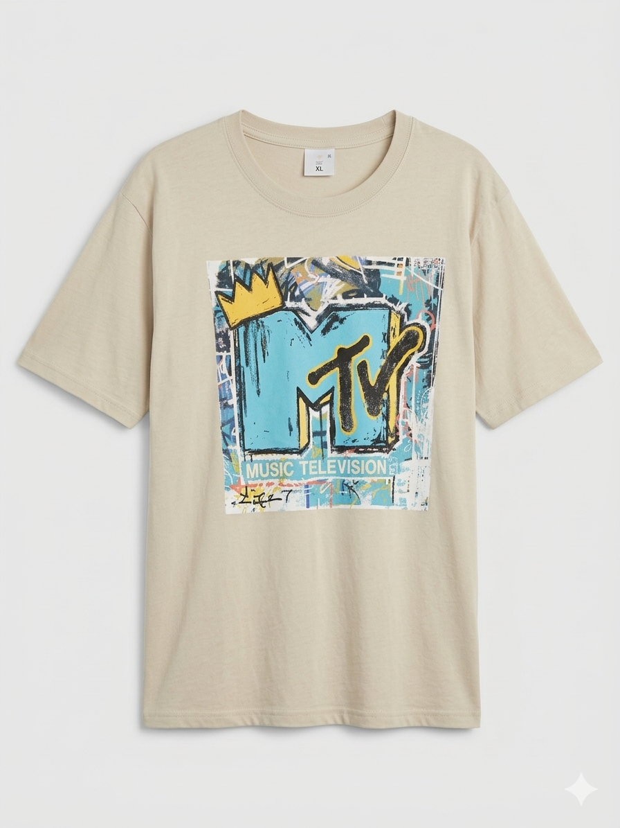Polera MTV Music Television Talla XL | Estilo Graffiti con Corona Street-Art – Color Arena / Beige | Algodón Premium