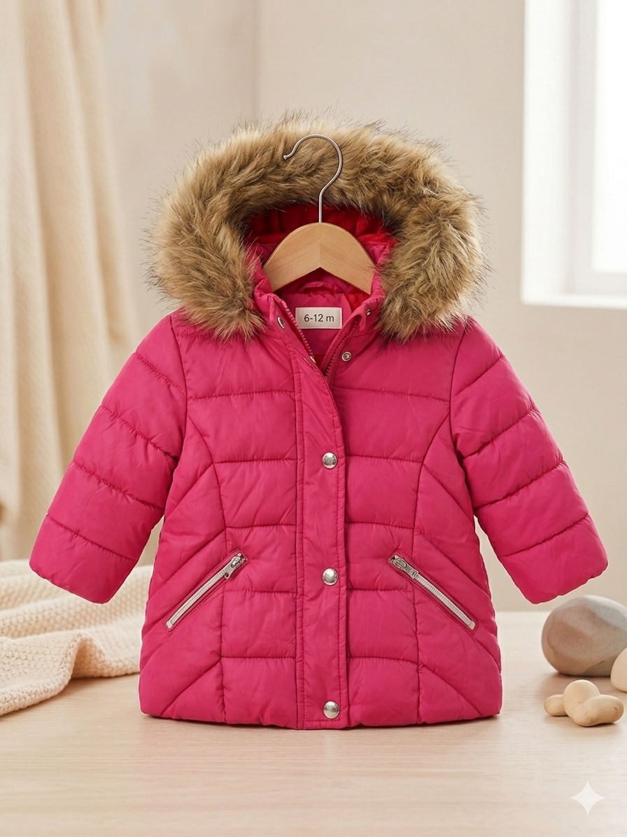 Chaqueta Parka "tiene una mancha y un desgaste donde los bolsillos" – Fucsia Vibrante con Pelo Sintético – 6-12