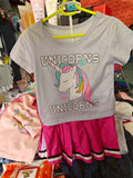 Conjunto Infantil Unicornio - Camiseta Gris y Falda Plisada Fucsia (Talla 2)