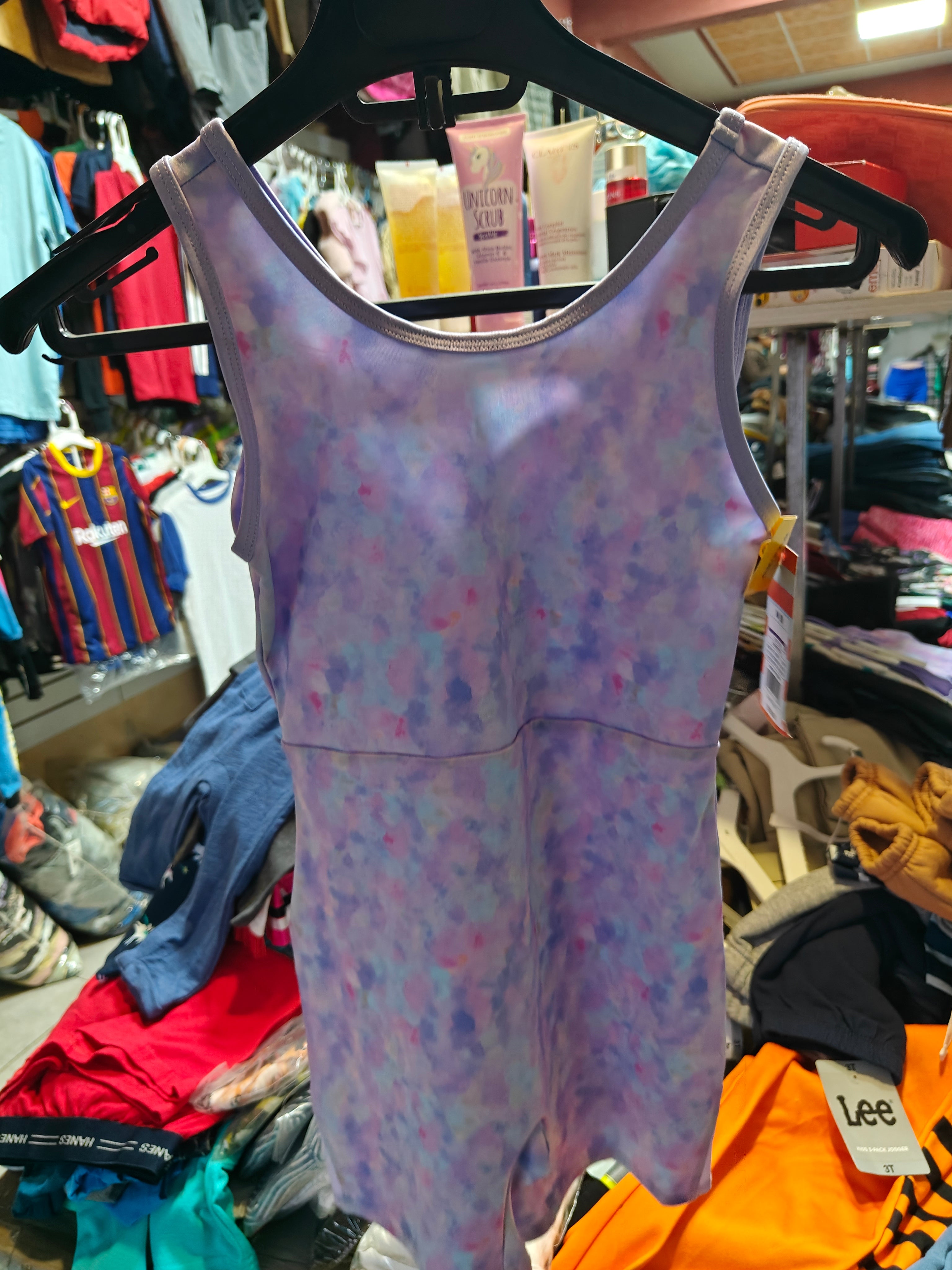 Traje de Baño Enterizo para Niña - Diseño Acuarela en Tonos Púrpura y Celeste