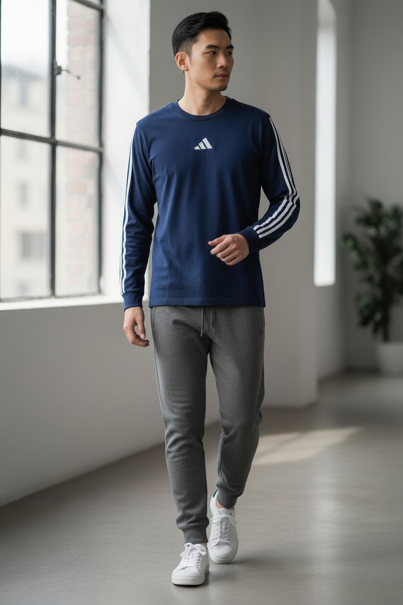 Polera Manga Larga adidas Niño Talla 18 años | Azul Navy con 3 Tiras Icónicas – Tejido de Alto Rendimiento