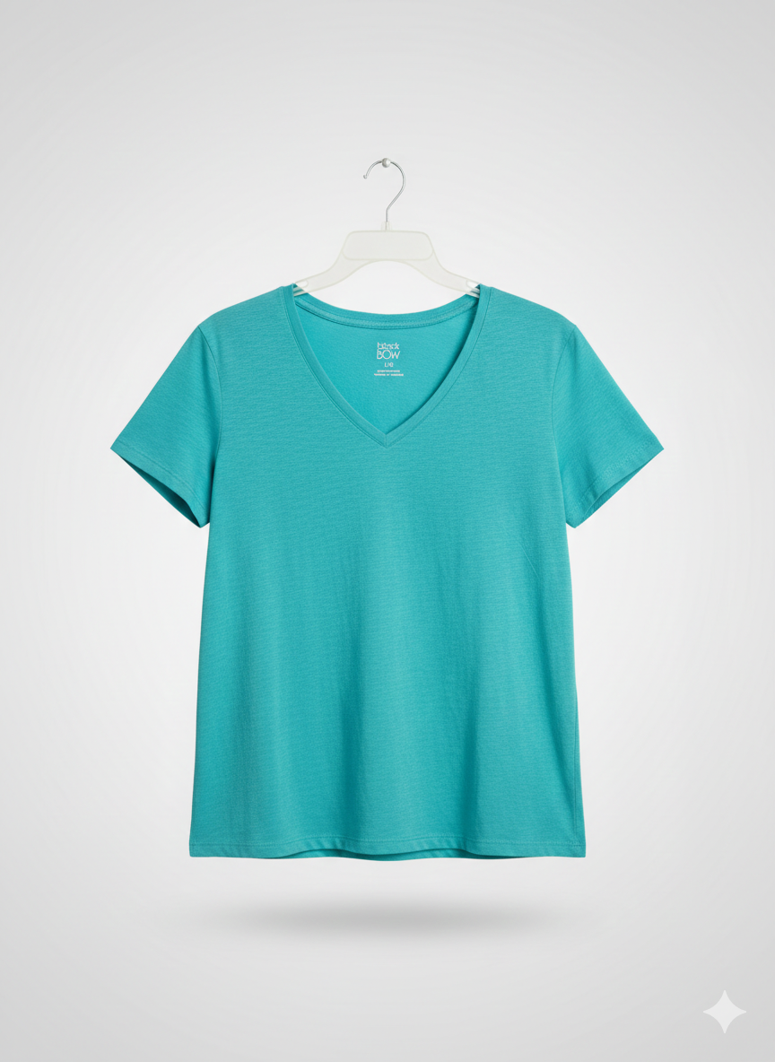 Polera Black Bow Slub Cotton – Cuello en V – Verde Turquesa - Talla L