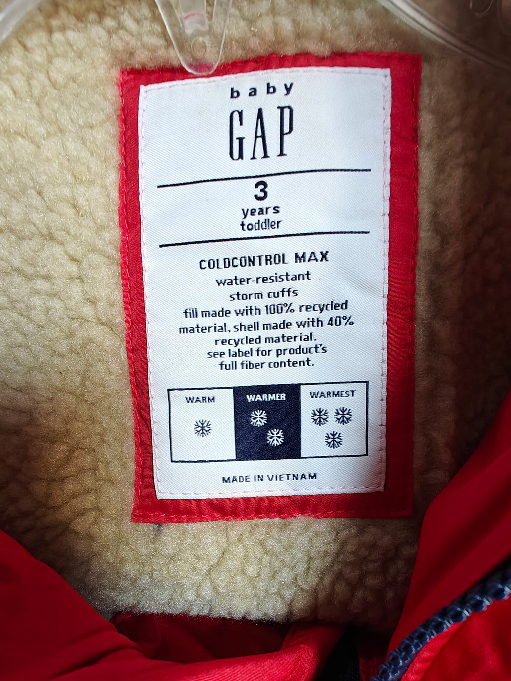 Chamarra Baby GAP ColdControl Max para Niño - Rojo Intenso - Talla 3 Años