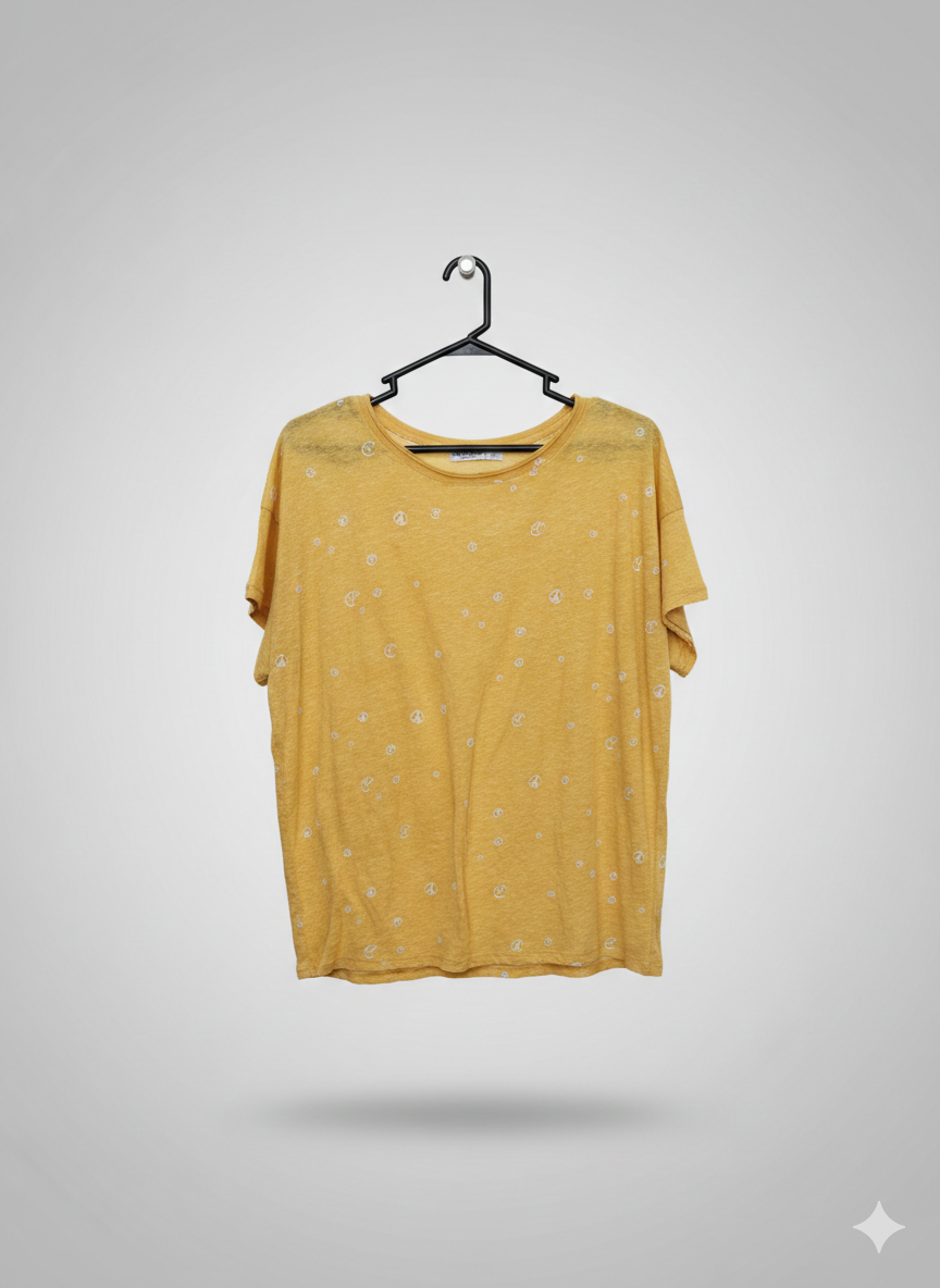 Polera Arizona Jean Co – Estilo Boho con Estampado de Paz – Amarillo Mostaza – Talla XL