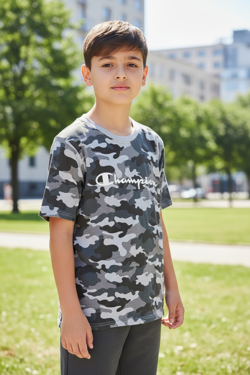 Polera Champion Niño Camuflaje Gris Talla 12 | Estilo Urbano "C Logo" – Algodón Premium