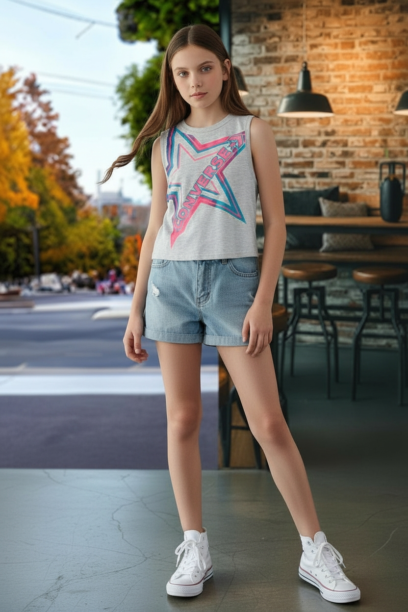 Polera Muscle Tank Converse – Gris Jaspeado con Estrella Neón