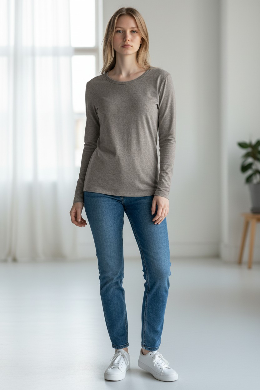 Polera Manga Larga Essential – Gris Jaspeado Soft Touch