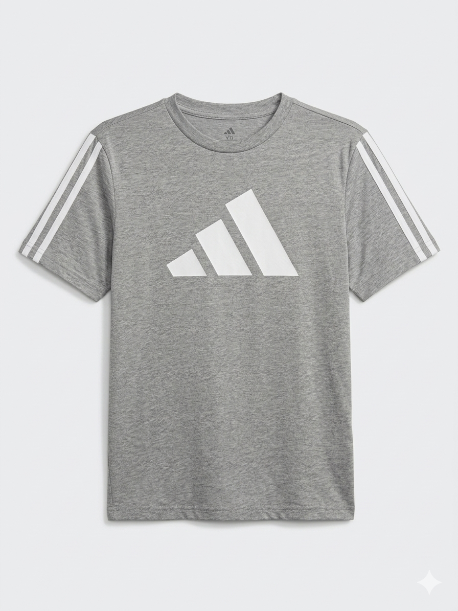 Polera adidas Talla 18 años | Gris Melange con Logo 3 Bar y Tiras Blancas – Algodón Soft-Touch