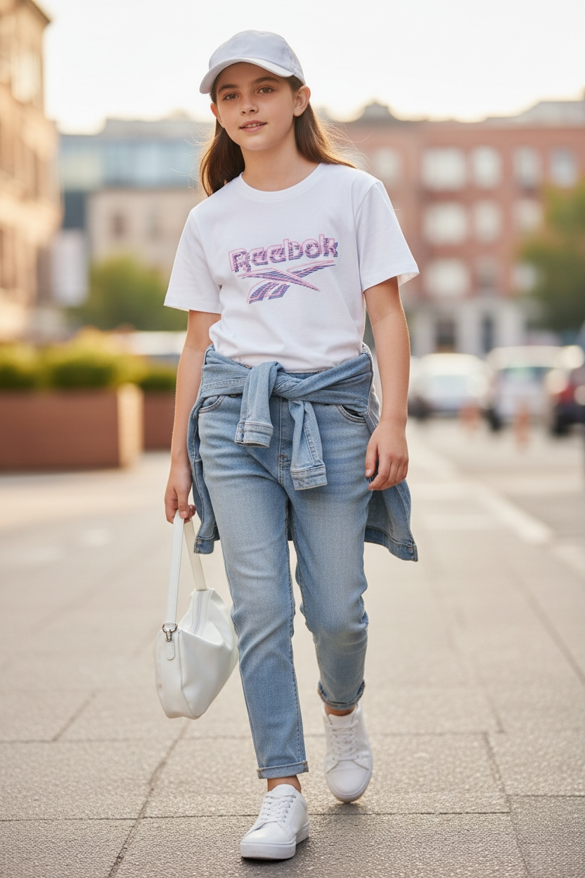 Polera Reebok Girl’s – Blanco con Logotipo Rosa y Morado