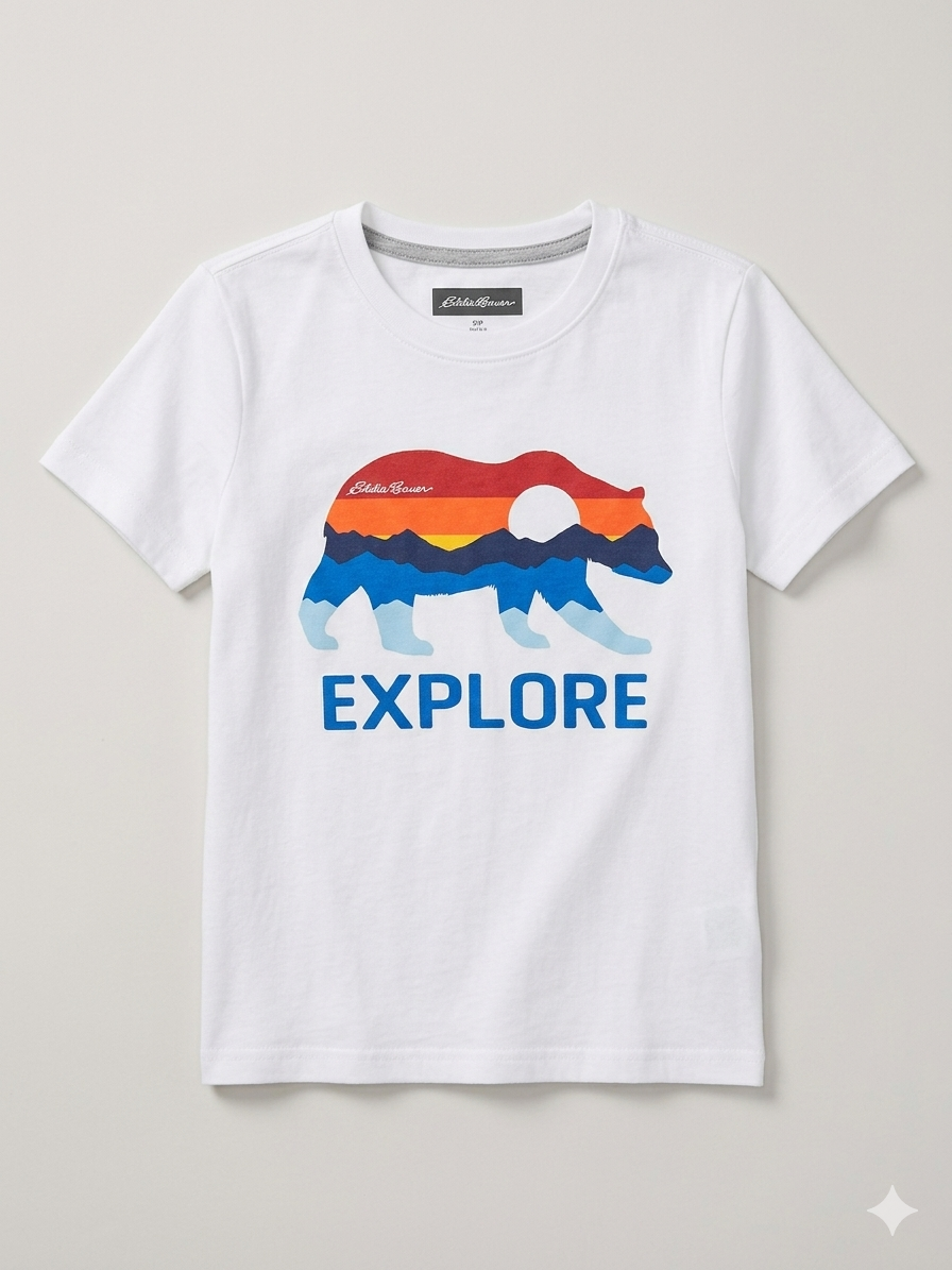 Polera Eddie Bauer Kids – Edición "Bear Explore" Atardecer – Blanca (Talla 6)