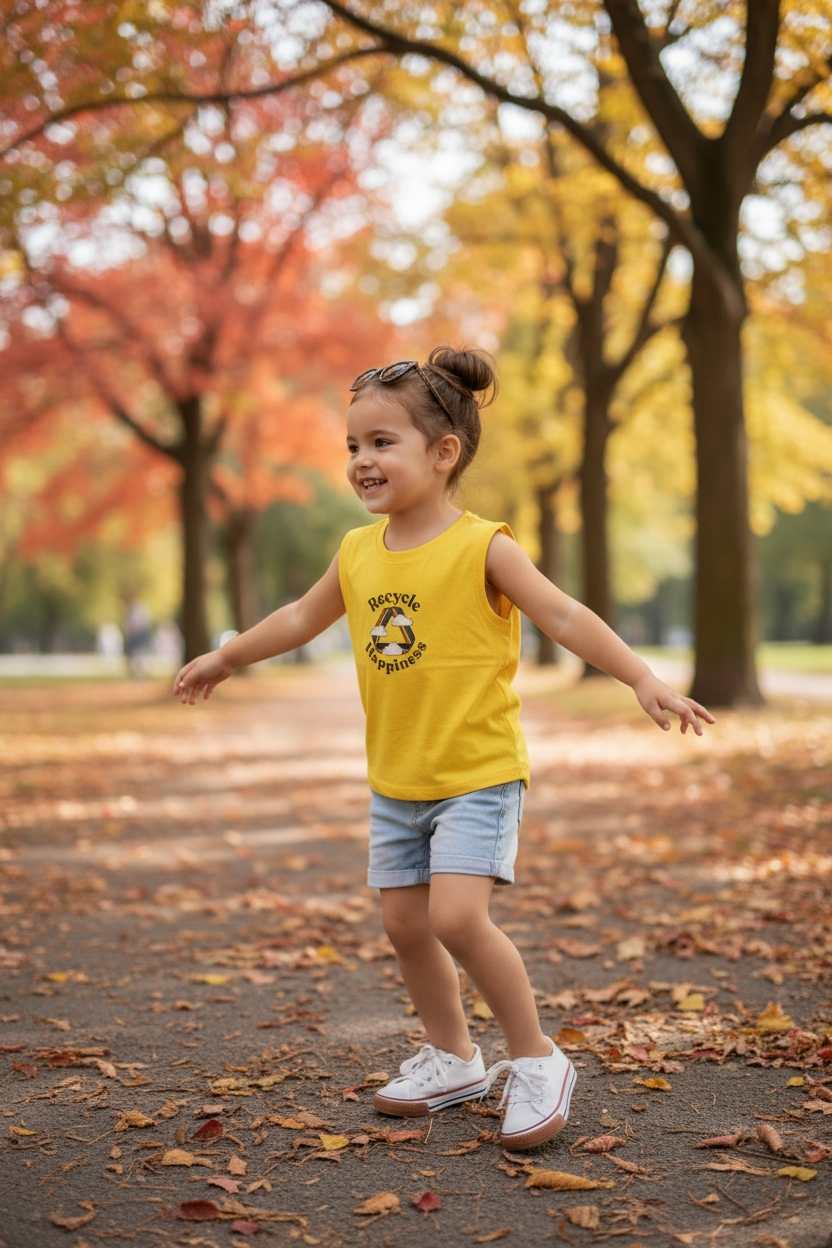 Polera Sin Mangas Niño Talla 10 Little Sprouts | Diseño "Recycle Happiness" en Amarillo Brillante – Algodón Suave Premium