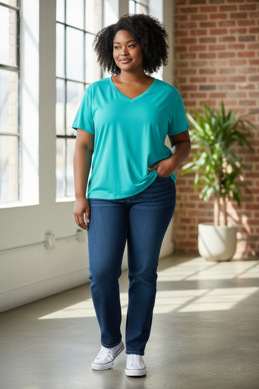 Polera Black Bow Slub Cotton – Cuello en V – Verde Turquesa - Talla L