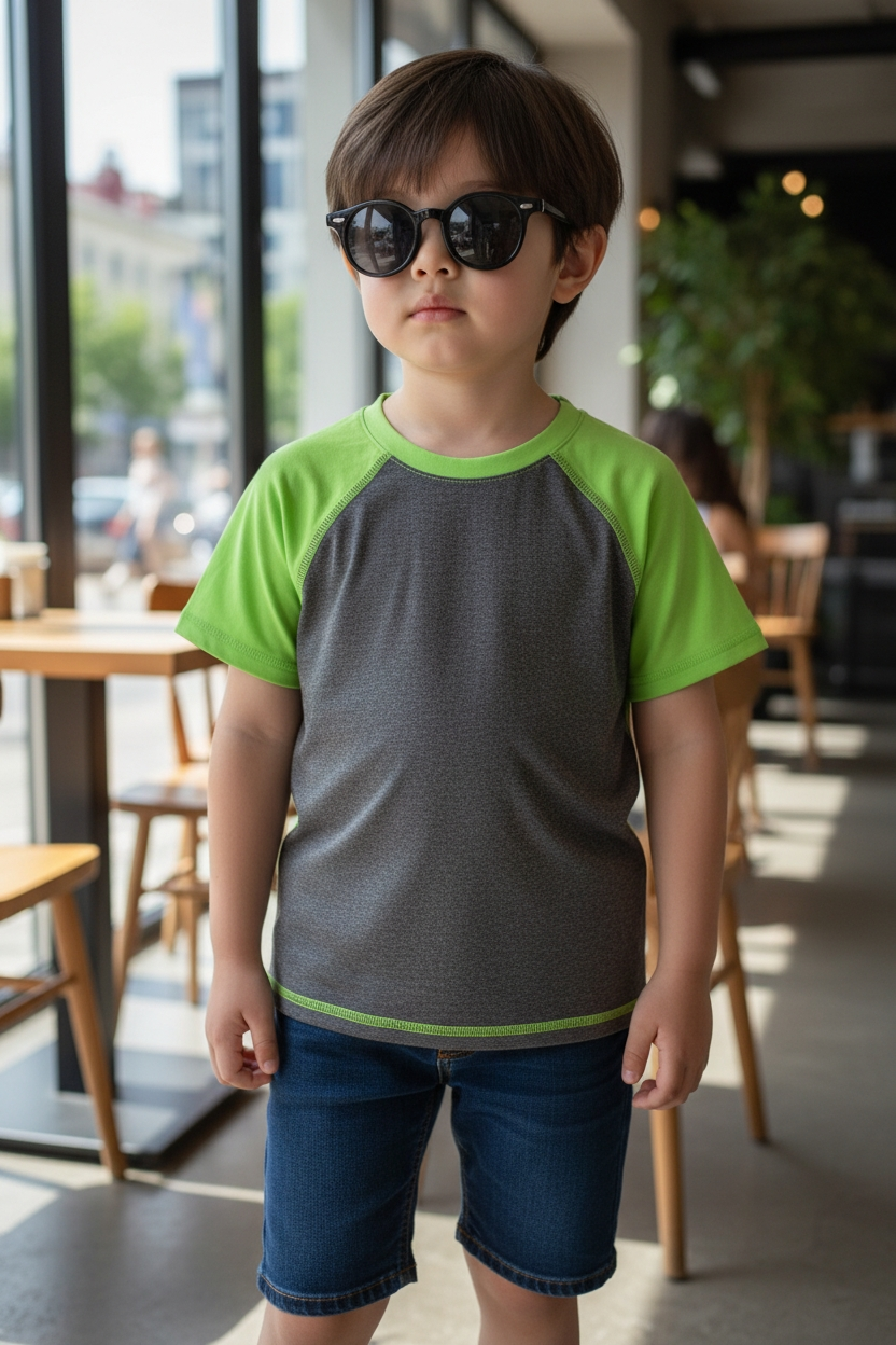 Polera Raglán Activewear Co. Niño Talla 2 años | Gris Melange con Mangas Verde Neón – Tejido Transpirable