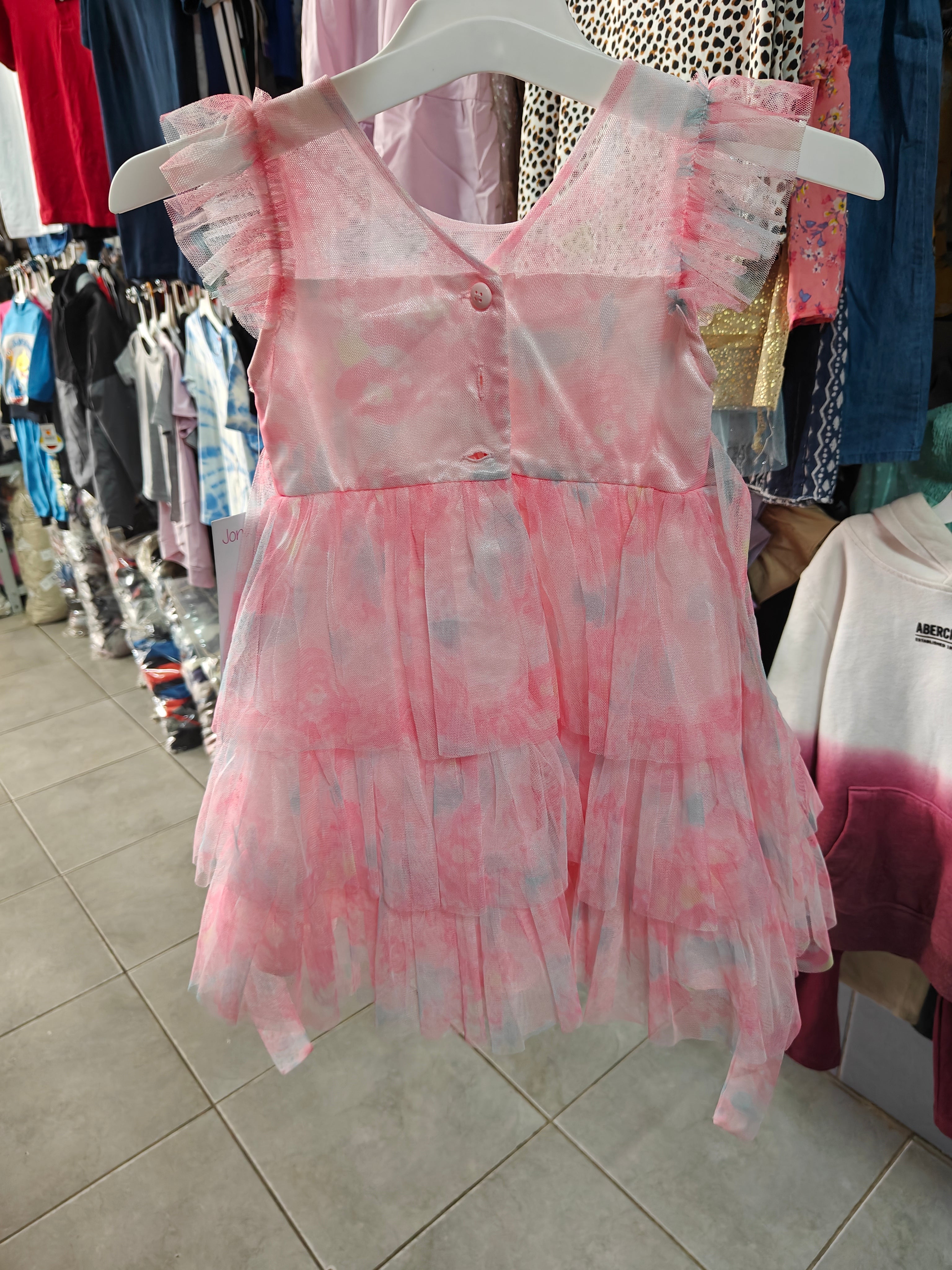 Vestido de Fiesta Jona Michelle para Niña - Diseño de Tul en Capas y Estampado Acuarela Rosa