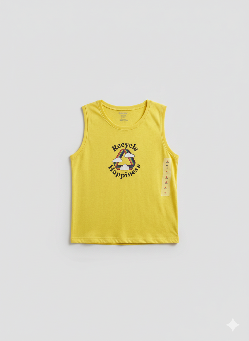 Polera Sin Mangas Niño Talla 10 Little Sprouts | Diseño "Recycle Happiness" en Amarillo Brillante – Algodón Suave Premium