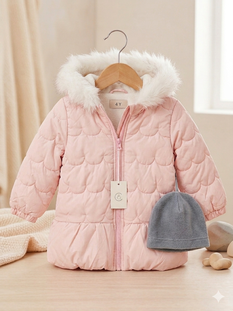 Chaqueta "Cloud Soft" – Rosa Nube con Acolchado de Ondas – Talla 4Y