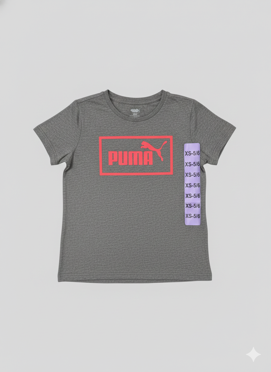 Polera Puma "Box Logo" – Gris Jaspeado con Logotipo Neón