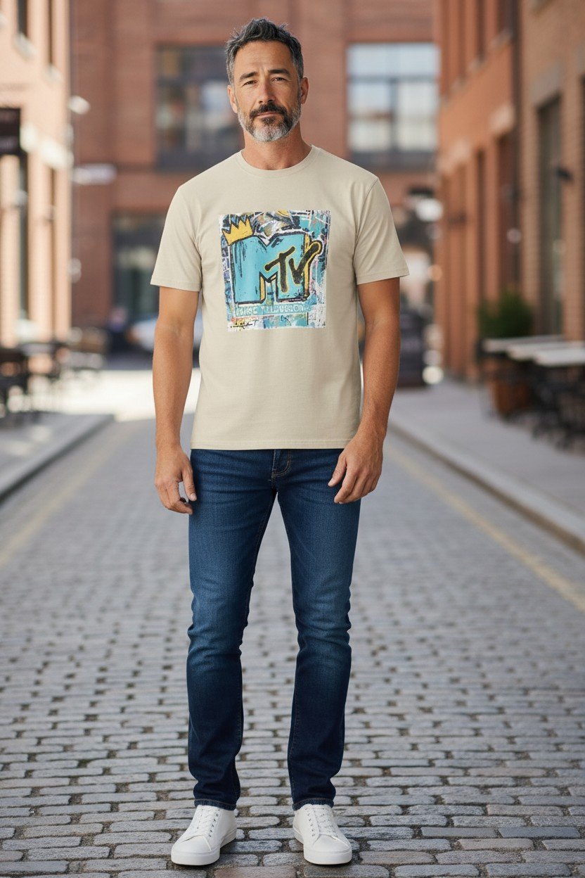 Polera MTV Music Television Talla XL | Estilo Graffiti con Corona Street-Art – Color Arena / Beige | Algodón Premium