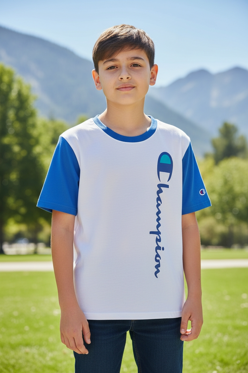 Polera Champion Niño Talla 12 y 14 años | Diseño Color-Block Blanco/Azul con Logo Vertical – Algodón Premium