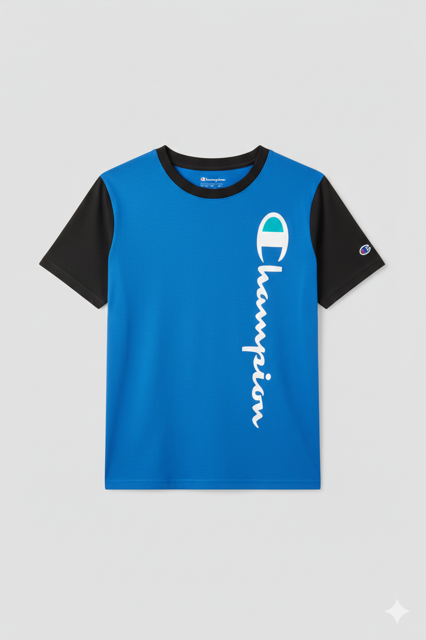 Polera Champion Niño Talla 12 | Diseño Azul Eléctrico y Mangas Negras con Logo Vertical – Estilo Deportivo Premium