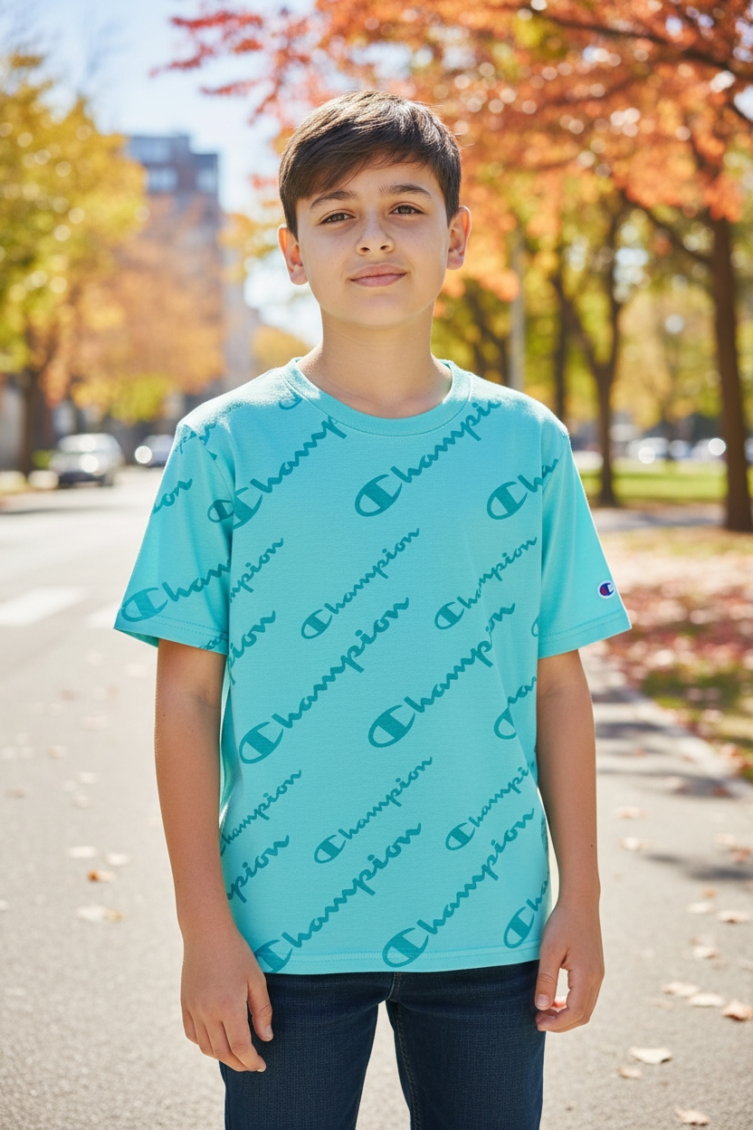 Polera Champion "All-Over Print" – Celeste Aqua con Logotipo Icónico