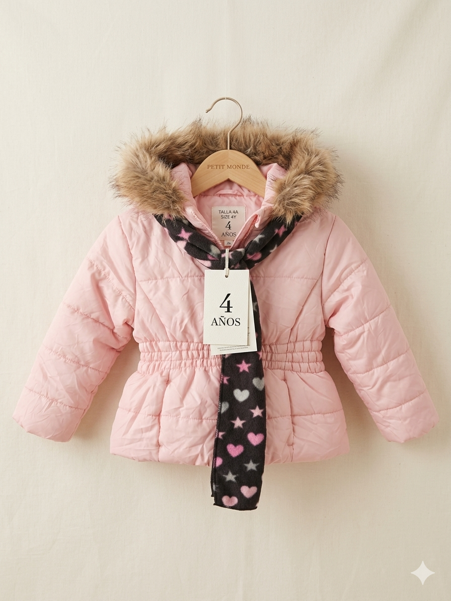 Set Invernal S. Rothschild – Chaqueta Parka Rosa + Bufanda de Fleece – Talla 4T