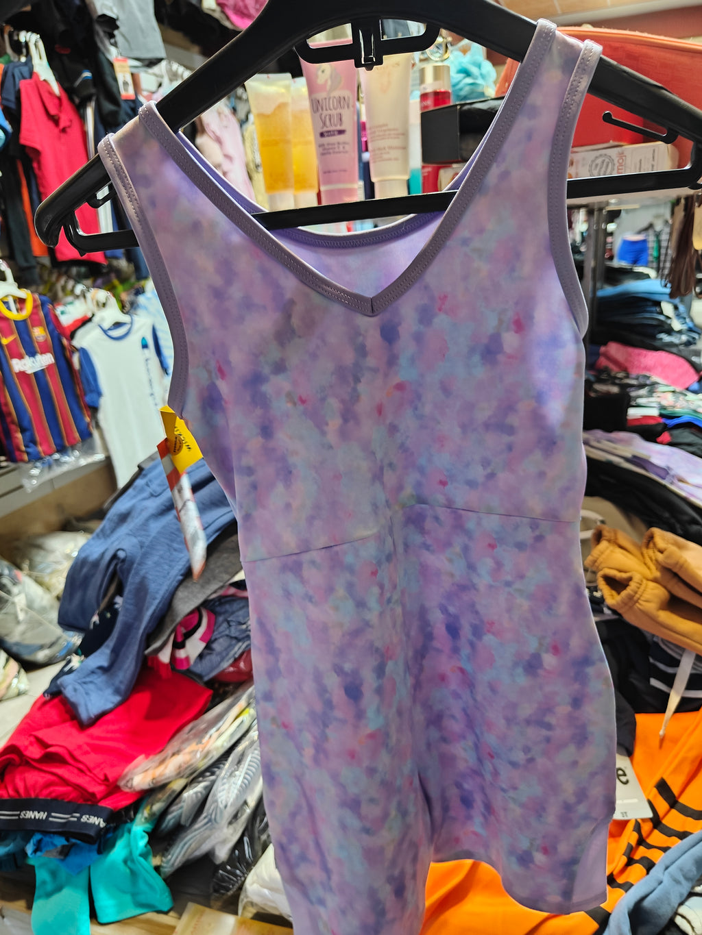 Traje de Baño Enterizo para Niña - Diseño Acuarela en Tonos Púrpura y Celeste