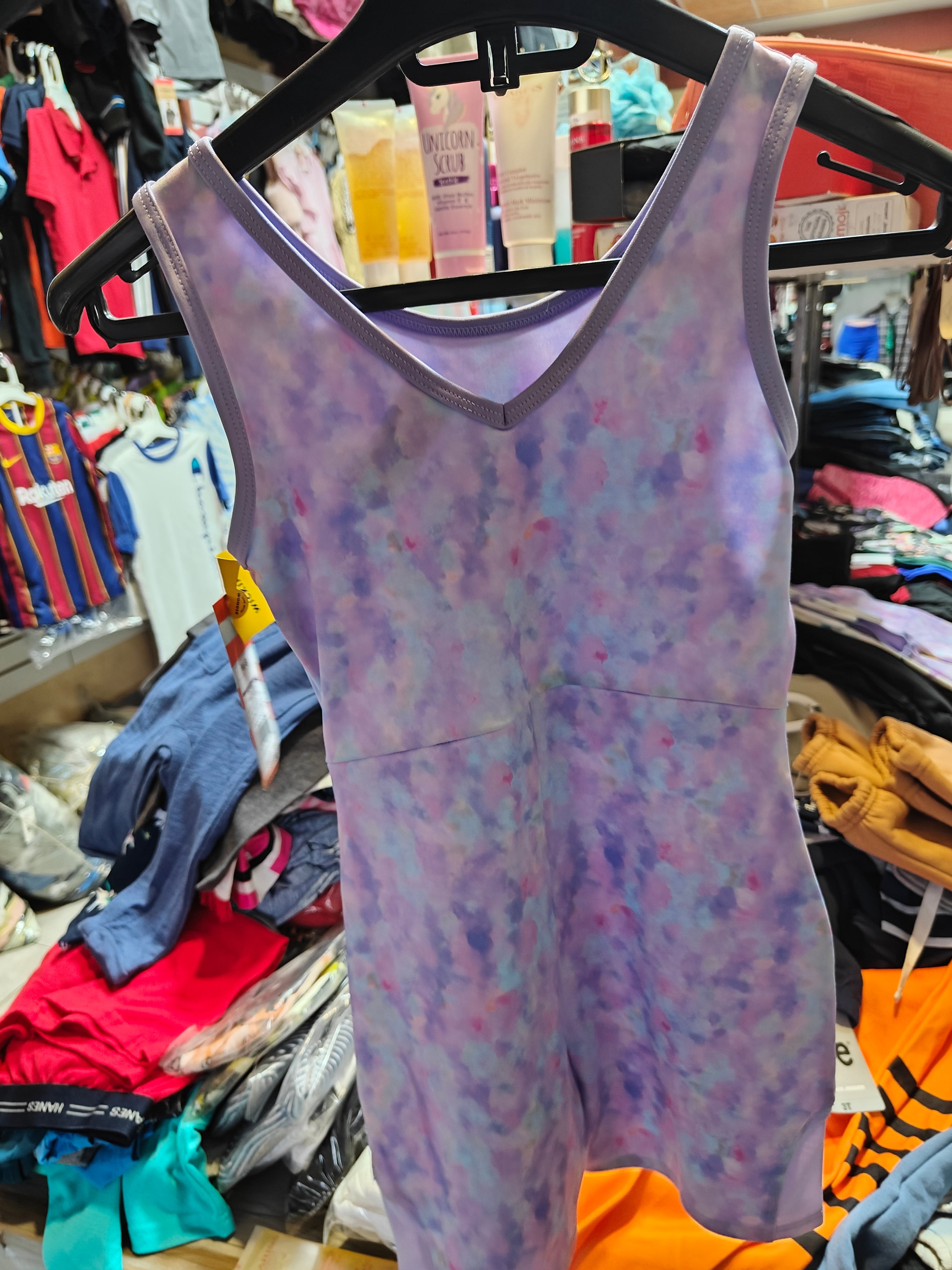 Traje de Baño Enterizo para Niña - Diseño Acuarela en Tonos Púrpura y Celeste