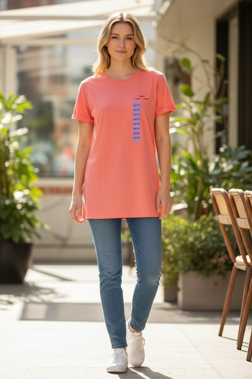 Polera Vestido Cotton On Mujer Talla XS | Color Salmón con Bordado de Aves – Algodón Suave de Verano