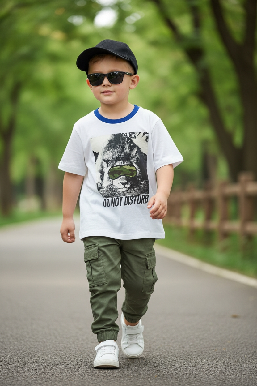 Polera para Niño OLD NAVI "Lion Mode - Do Not Disturb" | Algodón Premium Transpirable | Camiseta Gráfica de Cuello Redondo con Diseño Urbano Moderno