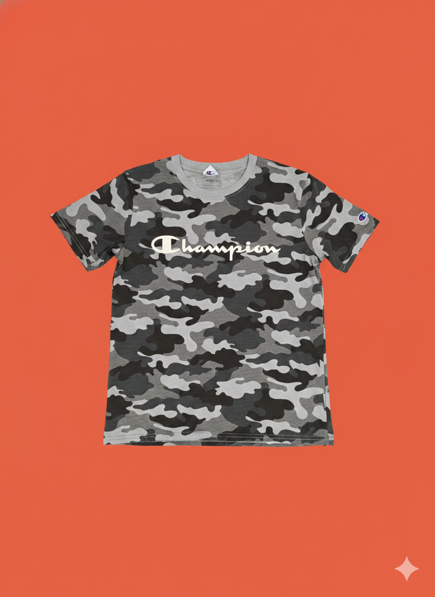 Polera Champion Niño Camuflaje Gris Talla 12 | Estilo Urbano "C Logo" – Algodón Premium
