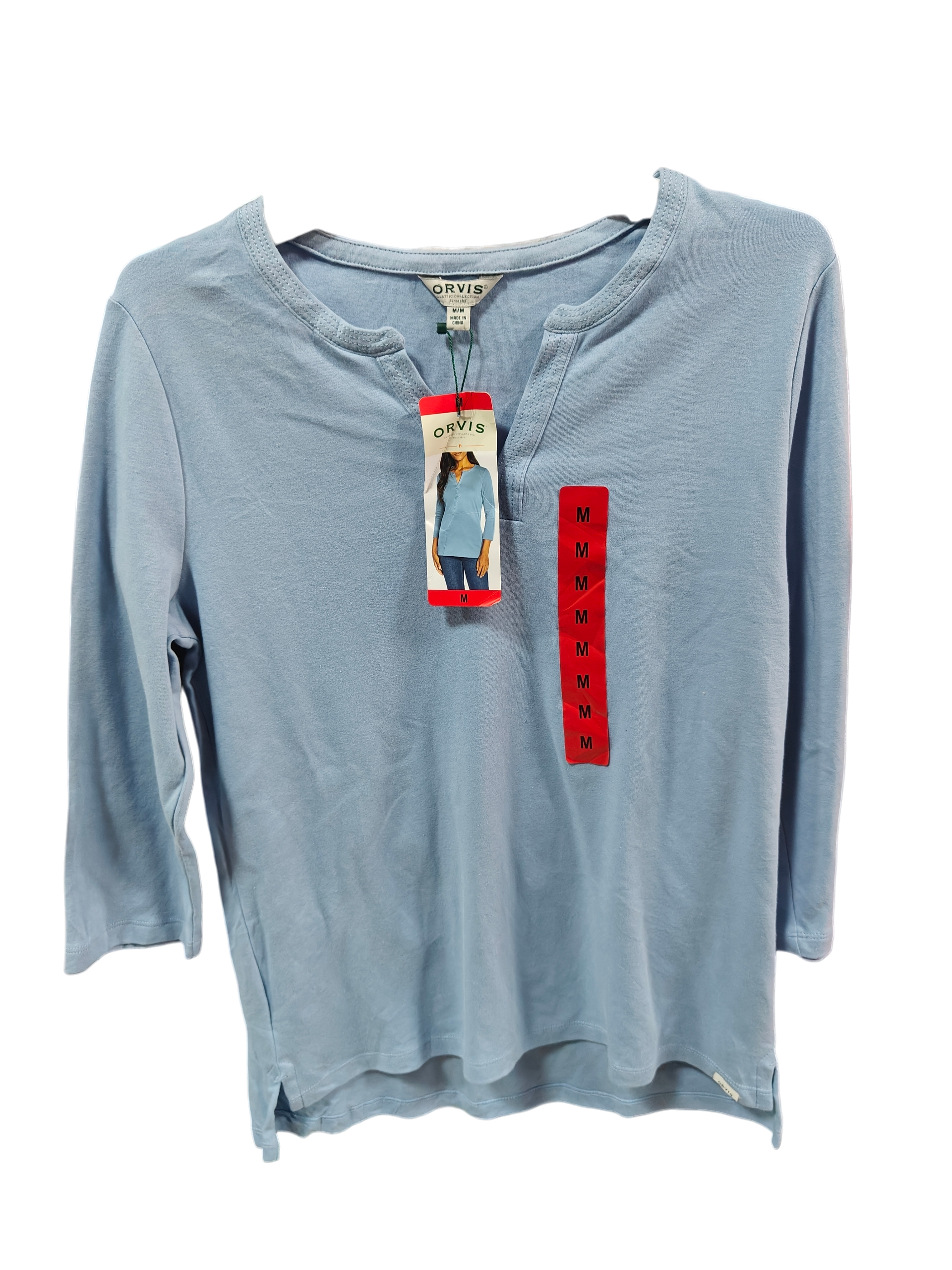 Polera Celeste Pastel de Suave Textura - Cuello Henley y Manga 3/4