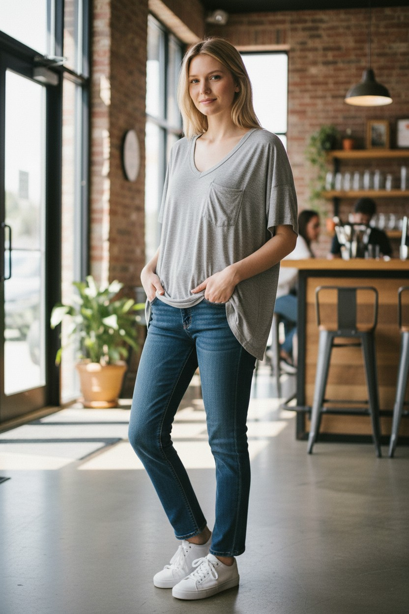 Polera Honeydew Casual – Con Bolsillo – Gris Melange – Talla M