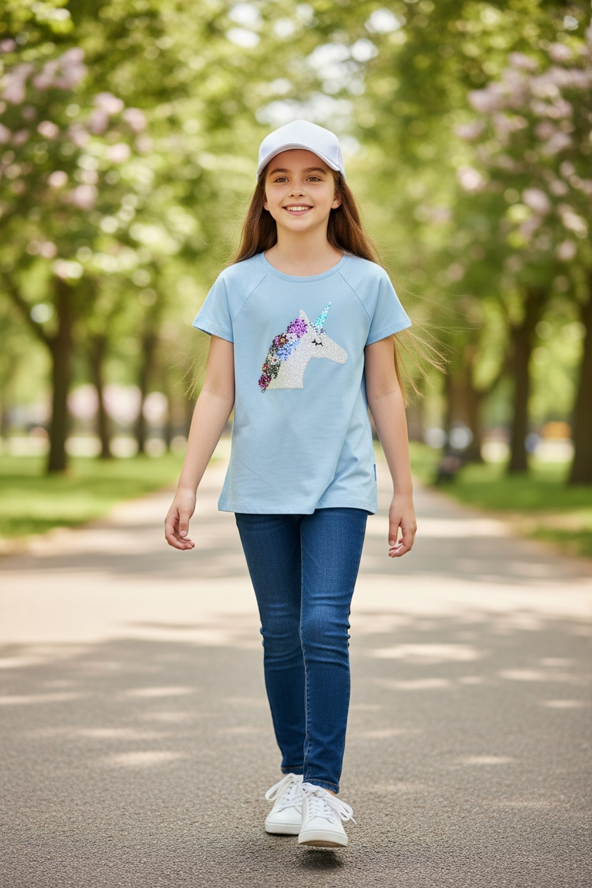 Polera "Magical Unicorn" – Celeste Pastel con Lentejuelas Brillantes